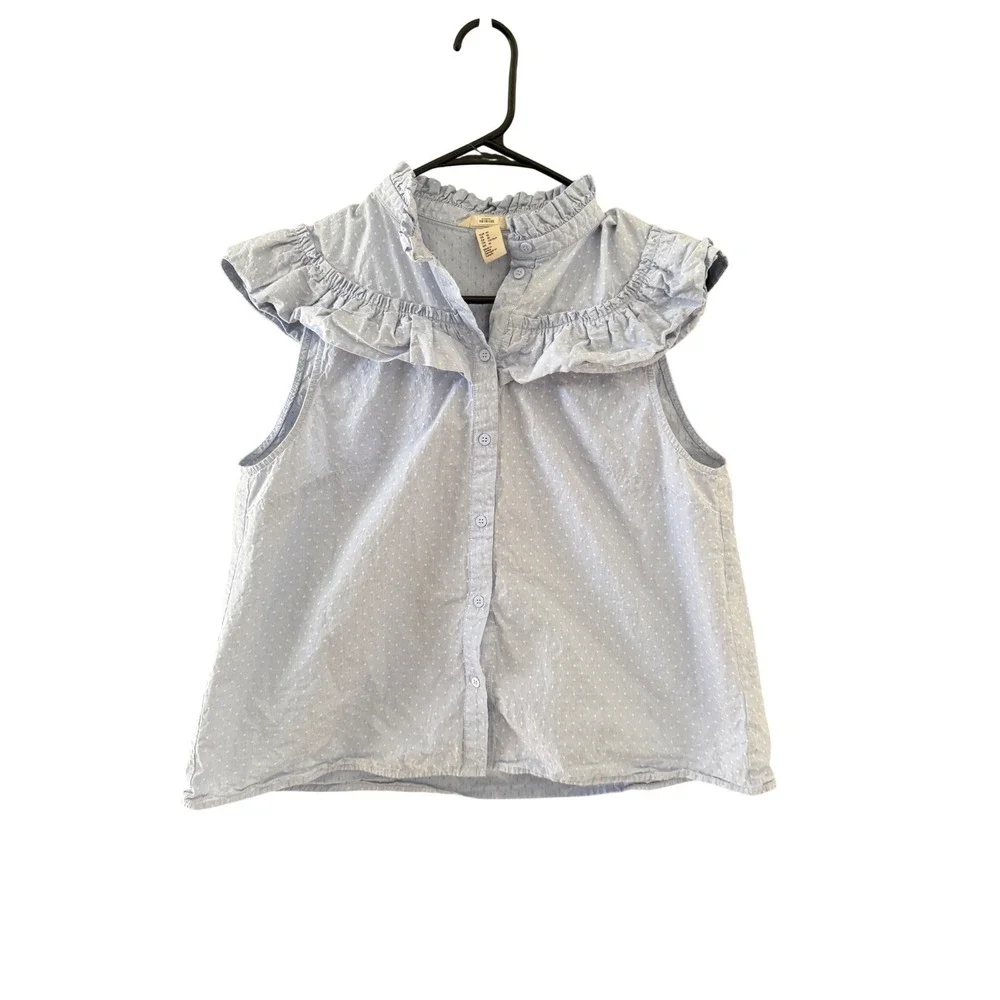 HM Womens‎ Blue Pinstripe Polka Dot Ruffle Sleeveless Blouse Top 10 Coquette